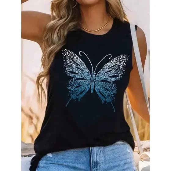 Camiseta Regata Feminina Borboleta Camisa 100% Algodão Blusa Malha Premium Lançamento