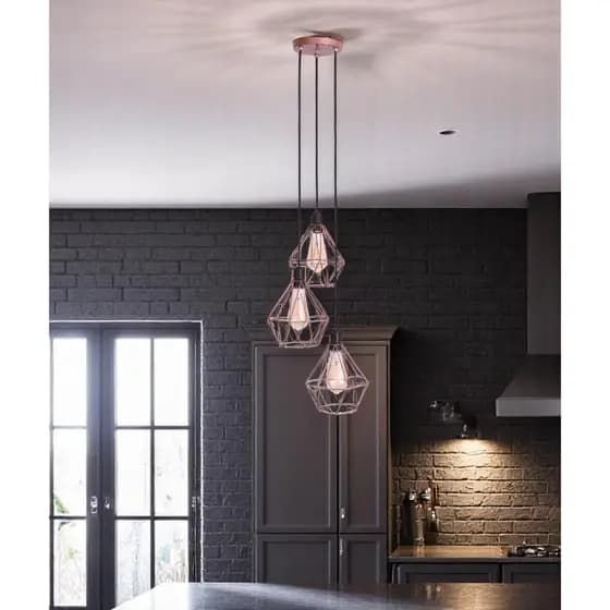 luminária pendente de teto Aramado Lustre Diamante Base Triplo E-led Rose Gold Moderno 127/220v