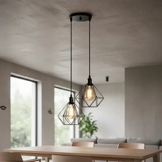 Lustre Luminária de Teto Pendente Aramado Base Dupla Diamante Retrô industrial Moderno