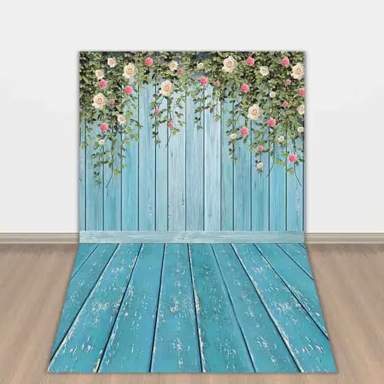 quadro fundo para fotografias amadeirado azul com flores