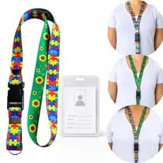 Kit Cordão Autismo TEA TDAH Dislexia PCD c/ Porta Crachá Resistente Doença Oculta Quebra-Cabeça/Girassol