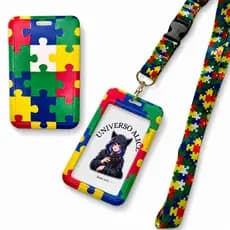Cordão Autismo Quebra-Cabeça com Porta Crachá Duro Estampado Autista TEA TDH PCD Premium