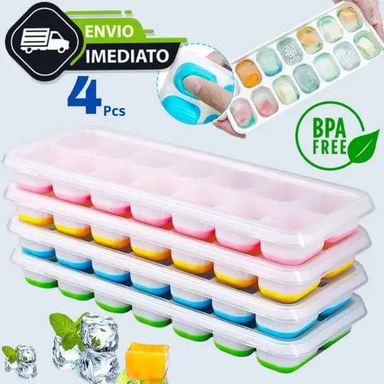 Forma de Gelo Silicone Com Tampa Rígida Flexível Fundo Retangular 14 Cubos Multiuso Lavável