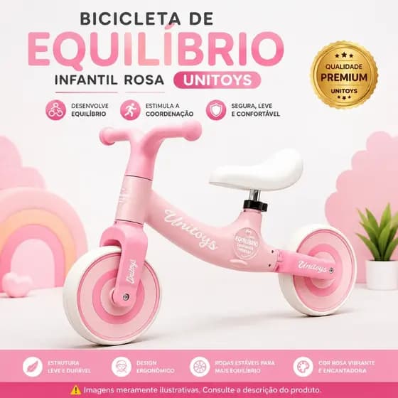 Bicicleta de Equilíbrio Infantil Rosa Sem Pedal UNITOYS Coordenação Motora Aprendizado Infantil