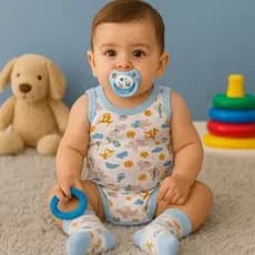Kit Bebê 3 peças Body Regata estampado/liso menino.