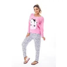 Pijama Vaquinha Longo Feminino Estampado Manga Comprida Malha PV