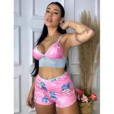 Espera Marido Rendado Short Doll Cropped Feminino Pijama Verão Lilo Virgínia