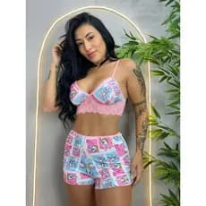 Short Doll Espera Marido Baby Doll Stitch Vírginia Feminino Pijama Verão Stitch