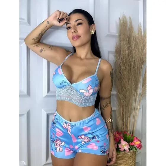 Baby Doll Stitch Estampado Top Doll Suede Cropped com Renda