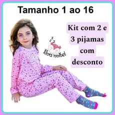 1, 2 ou 3  Pijama Infantil Manga Longa Menina Feminino Malha 100% Algodão 1 ao 16 Mafessoni
