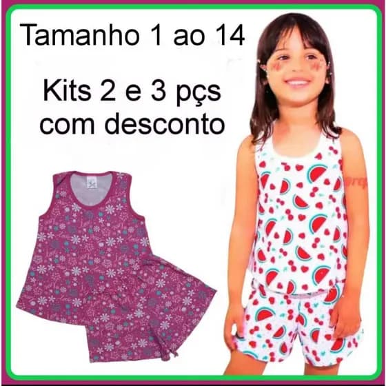 1, 2 ou 3 Pijama Infantil Bebê Regata Feminino 1 ao 16 Menina 100% Algodão