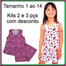 1, 2 ou 3 Pijama Infantil Bebê Regata Feminino 1 ao 16 Menina 100% Algodão