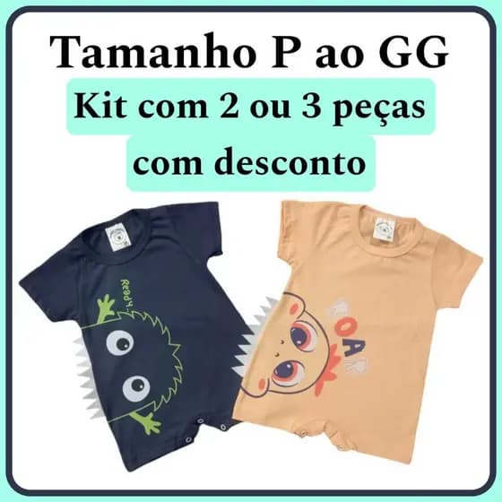 1, 2 ou 3 Macacão Curto Bebê Masculino Banho de Sol 100% Algodão