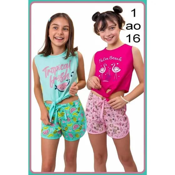 1, 2 ou 3 Conjunto Regata Amarrar + Short Moletinho Infantil 1 ao 16 Mafessoni