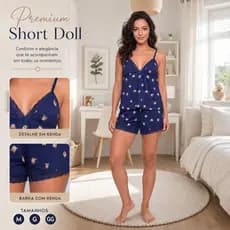 Baby Doll Feminino Suede Alça Fina Com Short Estampado Confortável Para Dormir E Ficar Em Casa Suave