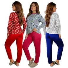 Kit 3 Pijamas Femininos Longos Manga Longa Com Calça Confortável Para Dormir Usar Em Casa Leve Macio