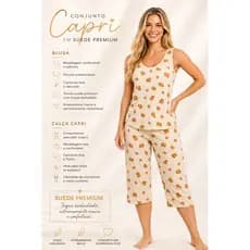 Pijama Feminino Regata Pescador Suede Estampado Roupa de Dormir