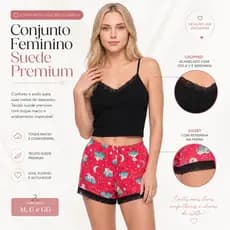 Short Doll Feminino Cropped Canelado Com Short Suede Estampado Confortável Para Dormir Em Casa Suave