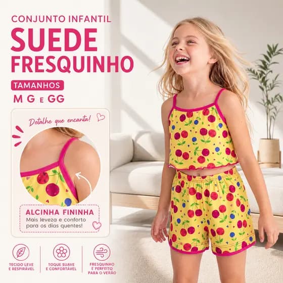Pijama Baby Doll Infantil Suede Alca Fina Regata e Short Feminino Estampas Variadas G GG M Leve Casa