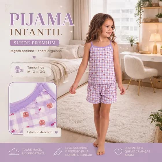Baby Doll Infantil Regata E Short Suede Estampado Confortável Para Dormir E Ficar Em Casa Leve Macio