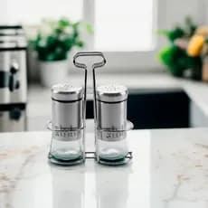 Conjunto Saleiro e Pimenteiro com Suporte Galheteiro para Servir