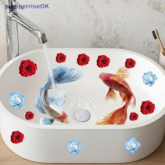 [newpros] Lavatório Koi Fish Stier Autoadesivo À Prova D'água Removível Design Floral Para Pia De Banheiro [pubr]