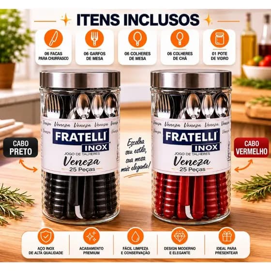 Kit talheres + Pote de vidro Resistente  Jogo 25 talheres Vermelho Preto Cozinha Completo Faca Garfo
