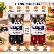 Kit talheres + Pote de vidro Resistente  Jogo 25 talheres Vermelho Preto Cozinha Completo Faca Garfo