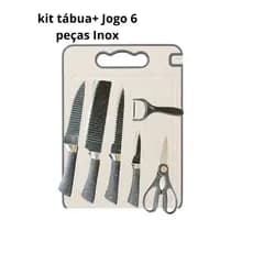 🔥 Kit Cozinha Completo – Jogo de Facas 6 Peças Inox + Tábua de Corte 36cm | Cabo Ergonômico Bege