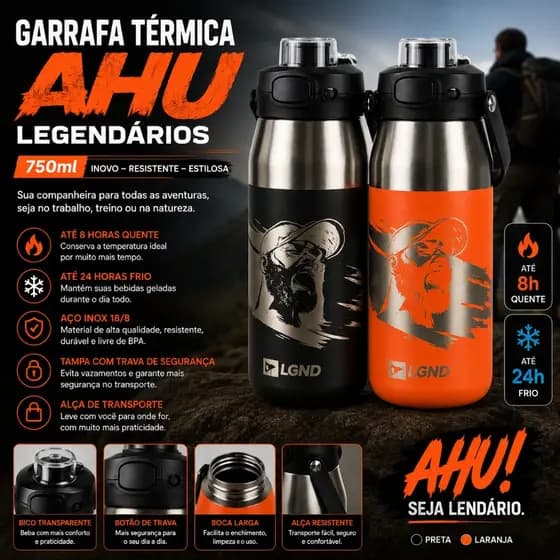 🏆 Garrafa Térmica Inox 750ml AHU Legendários Preta/ Laranja 24h Frio 8h Quente