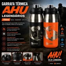 🏆 Garrafa Térmica Inox 750ml AHU Legendários Preta/ Laranja 24h Frio 8h Quente