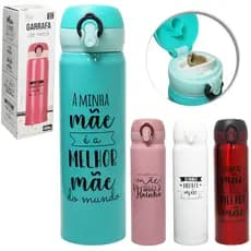 GARRAFA SQUEEZE DE ALUMINIO DIA DAS MÃES COM BOTAO + TRAVA 450ML