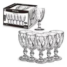 JOGO DE TAÇA DE VIDRO PARA VINHO / ÁGUA/ SUCO - DIAMANTE COM 6 PECAS 340ML