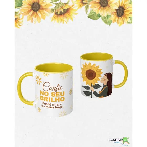 Caneca Xícara de Café Girassol com Frase Motivadora - Porcelana Branca/Amarela Presente Criativo