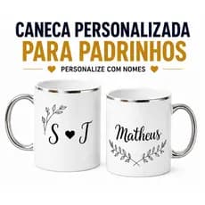 Caneca Convite para Padrinhos| Caneca Elegante Porcelana Borda  Alça Prateada Personalizada com Nomes|Madrinha|Padrinho|