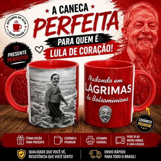 Caneca de Porcelana Lula "Nadando em Lágrimas de Bolsominions"|Lula Presidente|Xícara|Ceramica|Caneca Branca-Colorida