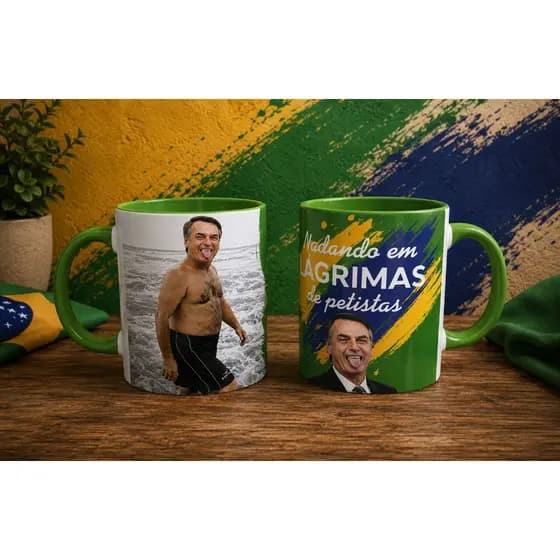 Caneca Bolsonaro "Nadando em Lágrimas de Petistas" | Caneca Meme Política | Porcelana 350ml