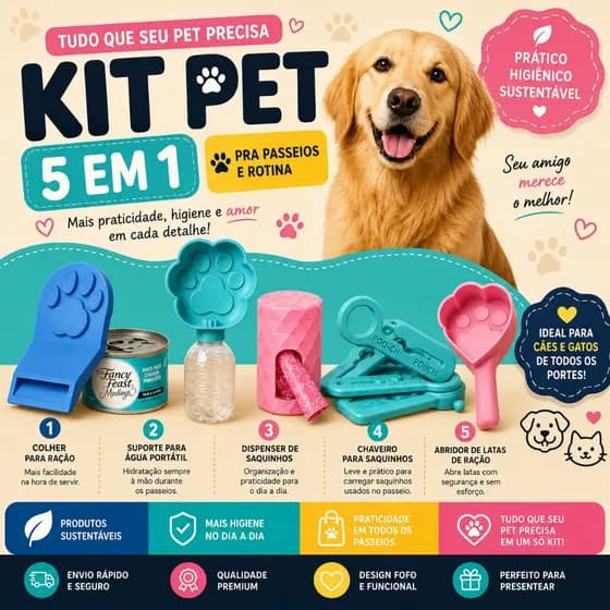 Kit Pet Passeio Completo 5 em 1 – Colher de Ração + Porta Saquinhos + Suporte para Água + Chaveiro Higiênico + Abridor