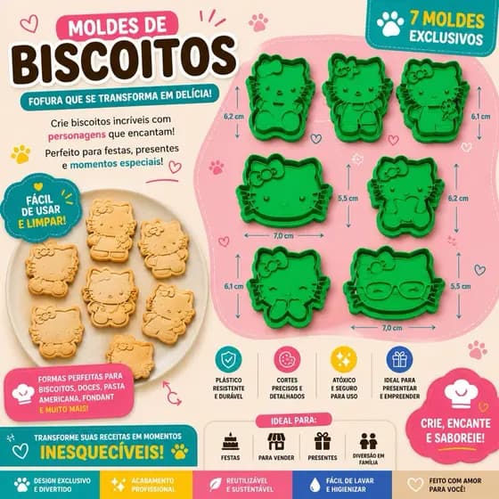 Kit 7 und - Cortador e Marcador de biscoito Hello Kitty (5 a 6cm)