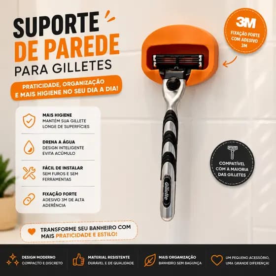 Suporte Para Gilete Parede Sem Furo 3M Banheiro Organizador Premium Forte Fixação Segura