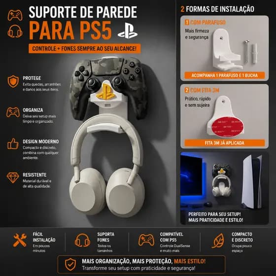 Suporte/Base para controle de Play Station 5/PS5 e headset/fone - Parede - Cor branca ou Preta / Acompanha Parafusos