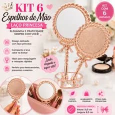 Kit 6 Espelhos de Mão Laço Princesa Rose Bolsa Compacto Lembrança Portatil