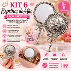 Kit 6 Espelhos de Mão Laço Princesa Prata Bolsa Compacto Lembrança Portatil
