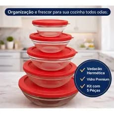 Kit 5 Tigelas de Vidro com Tampas Herméticas Potes resistentes e vedação ideal de armazenamento