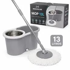 Esfregao MOP Giratorio 13 Litros Com Cesto Inox Rodinhas e Saida de Agua Cabo Regulável de Aço Inox