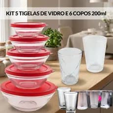 Kit 5 Tigelas de Vidro e 6 Copos de Vidro de 200 ml Potes Multiuso Pode ir ao Microondas