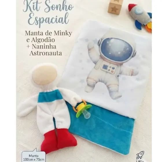 kit 1 Manta + 1 Naninha com Prendedor de chupeta, para bebê menino, Astronauta,