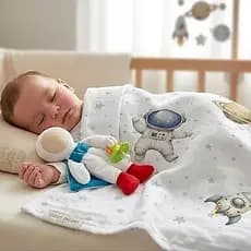 Kit Manta Bebê + Naninha Com Prendedor de Chupeta Menino Tema Astronauta Espaço Super Macio
