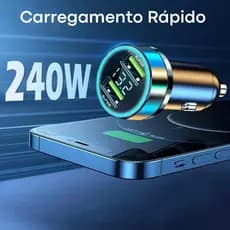 Carregador Veicular 240W Voltímetro Digital / Carregador Celular Carro Tomada USB Turbo