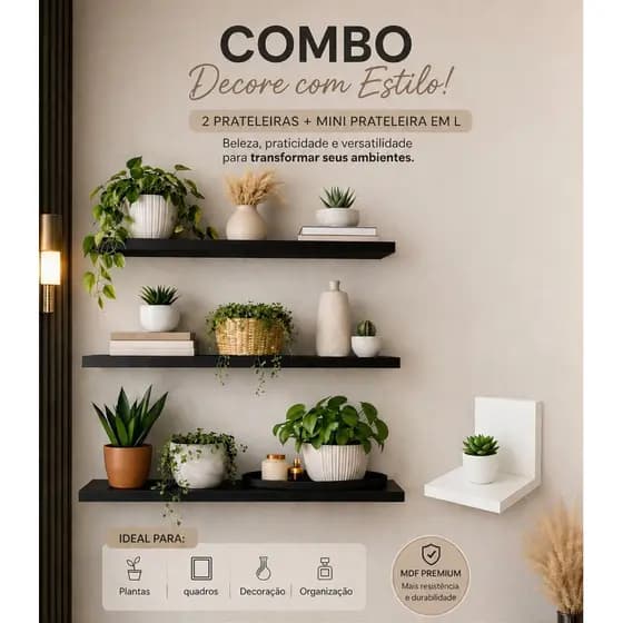 Kit 3 Prateleiras retas  + 3 mini prateleiras em L Decorativa moderna  minimalista Sala Quarto Banheiro Nicho  100%mdf
